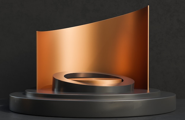 Koperen cirkel podium voor productpresentatie op zwarte betonnen muur achtergrond luxe stijl., 3D-model en illustratie.