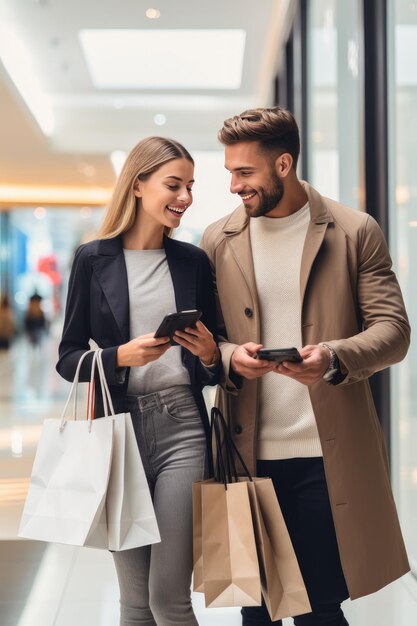 Kopers paar winkelen met kleurrijke Shopper tassen in winkelcentrum Generatieve ai