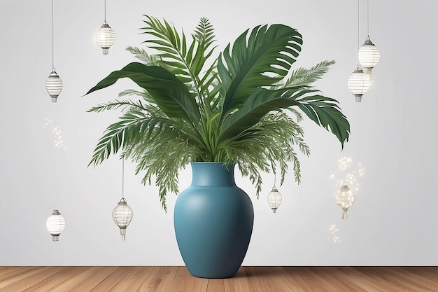 Kopieer ruimte achtergrond met planten in een vaas en Nieuwjaars lantaarns AI generatieve illustratie in fotorealistische stijl