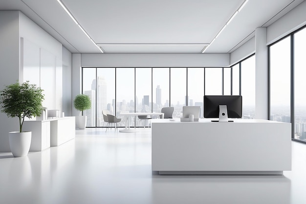 Kopieer ruimte voor het weergeven van uw product op een witte tafel op een wazige achtergrond van een moderne witte kantoor lobby met een toonbank