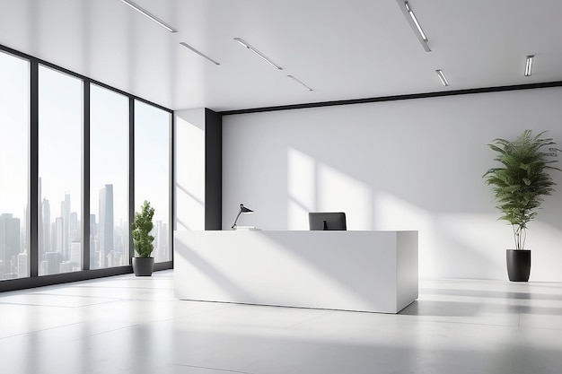 Kopieer ruimte voor het weergeven van uw product op een witte tafel op een wazige achtergrond van een moderne witte kantoor lobby met een toonbank