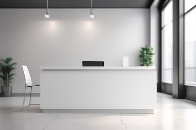 Kopieer ruimte voor het weergeven van uw product op een witte tafel op een wazige achtergrond van een moderne witte kantoor lobby met een toonbank