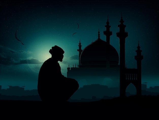 Kopieer ruimte voor ramadan en islam achtergrond man zit voor een moskee en de maan