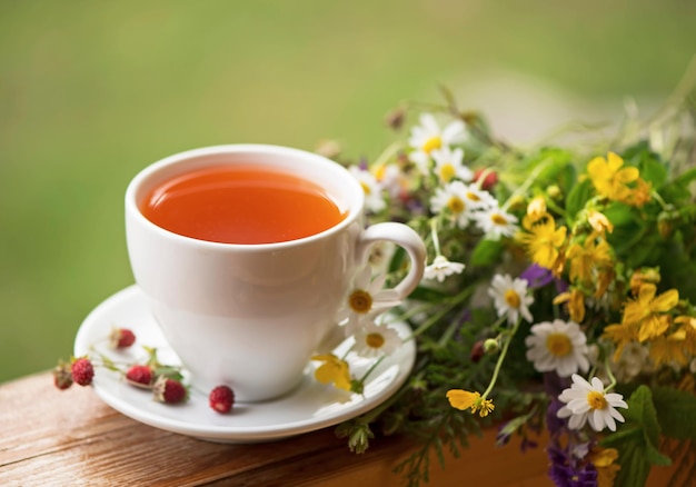 Kopje aromatische thee bosaardbei boeket van wilde bloemen op een houten achtergrond