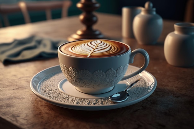 Kopje cappuccino op een houten tafel.
