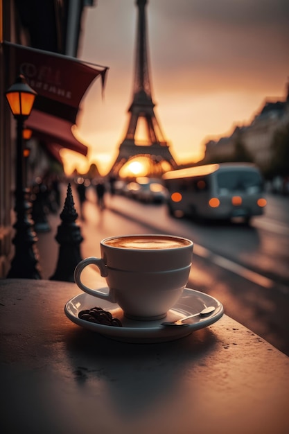 Kopje capuccino-koffie op de cafétafel in Parijs Eiffeltoren op zonsondergang achtergrond Generatieve AI
