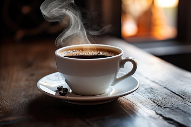 Kopje dampende hete koffie op houten tafel in de keuken