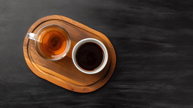 Kopje espresso koffie of thee en glas water op houten pad op donkere tafel achtergrond