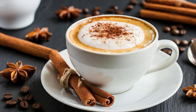 Kopje heerlijke cappuccino met kaneel gedroogde anijsbloem en koffiebonen op tafel