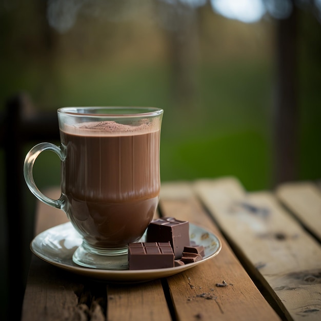 kopje koffie chocolade op houten tafel achtergrond afbeelding afbeeldingen AI gegenereerd