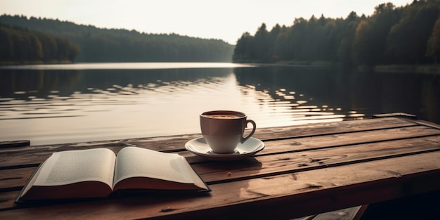 Kopje koffie en boek op houten pier op zomermeer