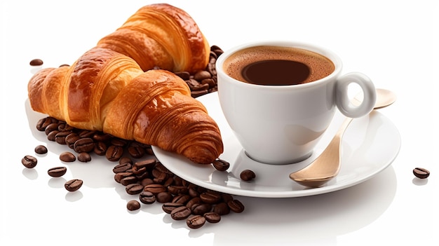 Kopje koffie en croissants met koffiebonen op witte backgroundgeneratieve ai