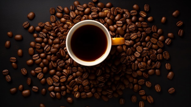 Kopje koffie en koffiebonen op goud zwarte achtergrond