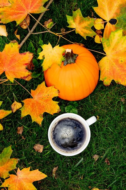 Foto kopje koffie en pompoen met esdoorn bladeren op een groen gras in een tuin