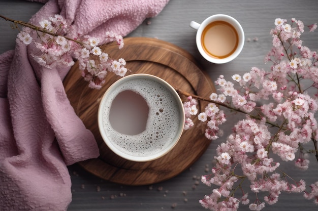 Kopje koffie en sakura bloemen op houten achtergrond bovenaanzicht Generatieve AI