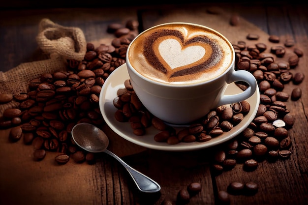Kopje koffie latte met hartvorm Koffiebonen op oude houten achtergrond Generatieve ai