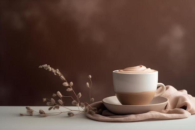 Kopje koffie latte op bruine achtergrond AI gegenereerd