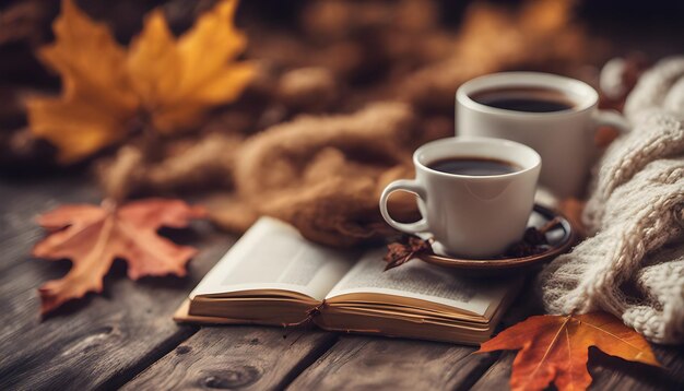 Kopje koffie met boeken herfstbladeren en gebreide sjaal op houten achtergrond Ai gegenereerd