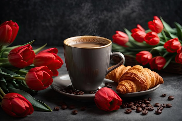 Kopje koffie met croissants en rode tulpen ai generatief