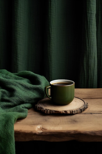 Kopje koffie met groene deken op houten tafel en donkere achtergrond