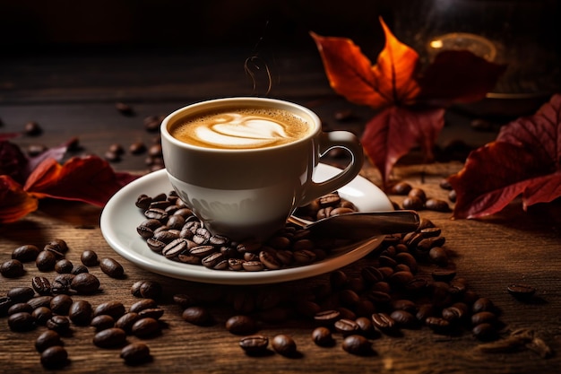 Kopje koffie met koffiebonen in jutezak en koffiepoeder in houten lepel met wazige koffie