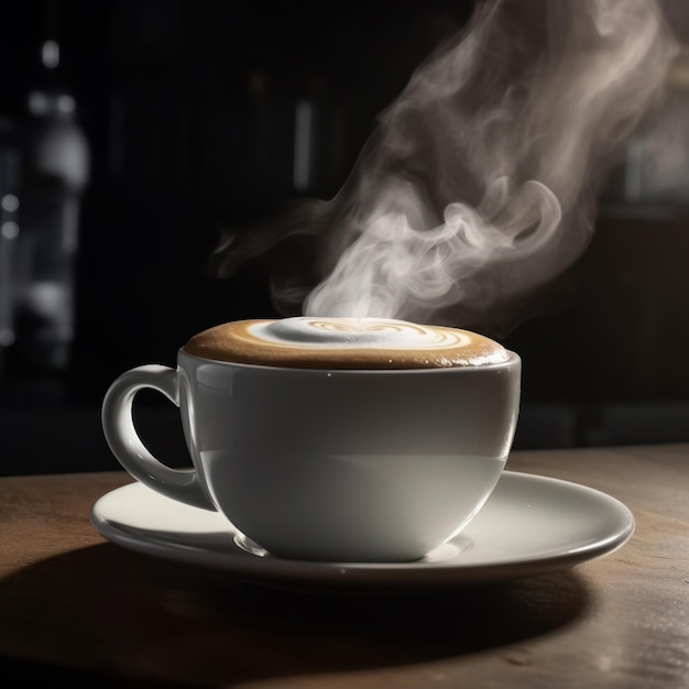 kopje koffie met latte art en stoom die eruit opstijgt