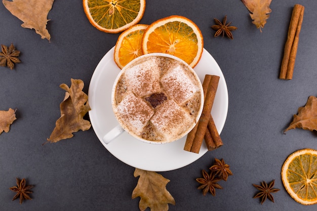 Kopje koffie met marshmallows en cacao, bladeren, gedroogde sinaasappels, kaneel en steranijs, grijze stenen achtergrond. Lekkere warme herfstdrank. copyspace.