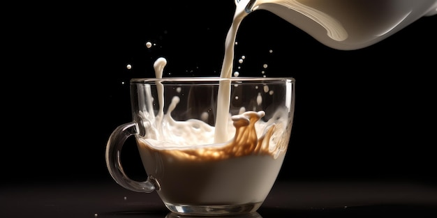 Kopje koffie met melk op tafel close-up spatten van koffie en melk generatieve ai