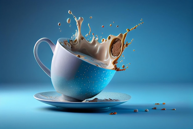 Kopje koffie met spatten op blauwe backgroundgeneratieve ai