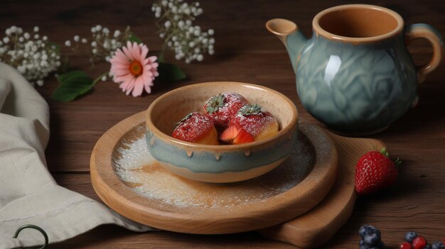 Kopje koffie met taart met aardbei op een houten schotel Generatief AI-beeld