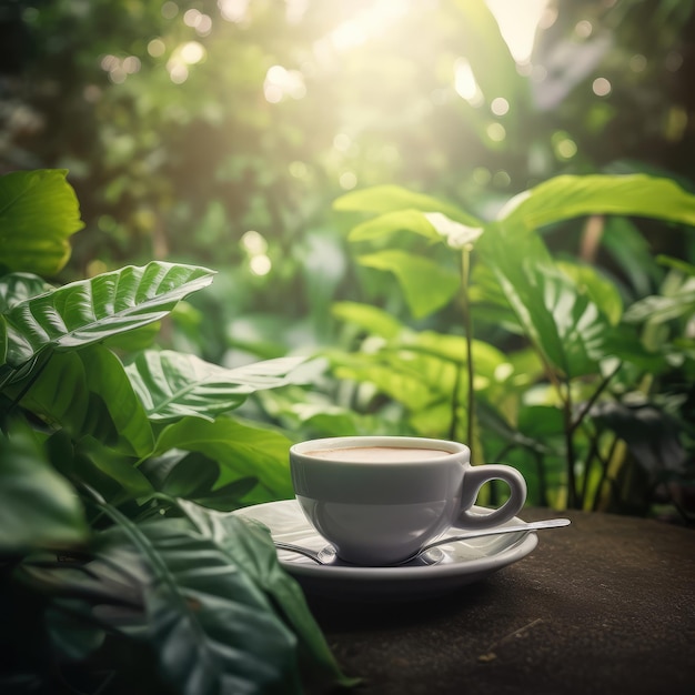 Kopje koffie met tuin en bloemen achtergrond