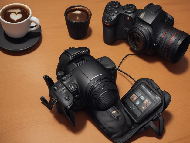 Kopje koffie op de houten tafel met Dslr-camera op de achtergrond en zonlicht