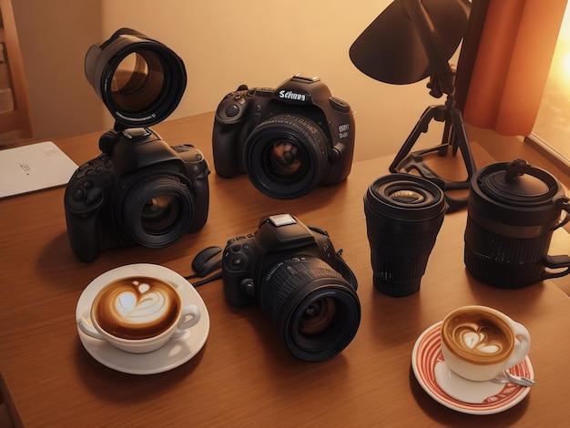 Kopje koffie op de houten tafel met Dslr-camera op de achtergrond en zonlicht