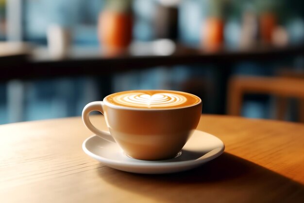 Kopje koffie op een houten tafel in een restaurant AI gegenereerd