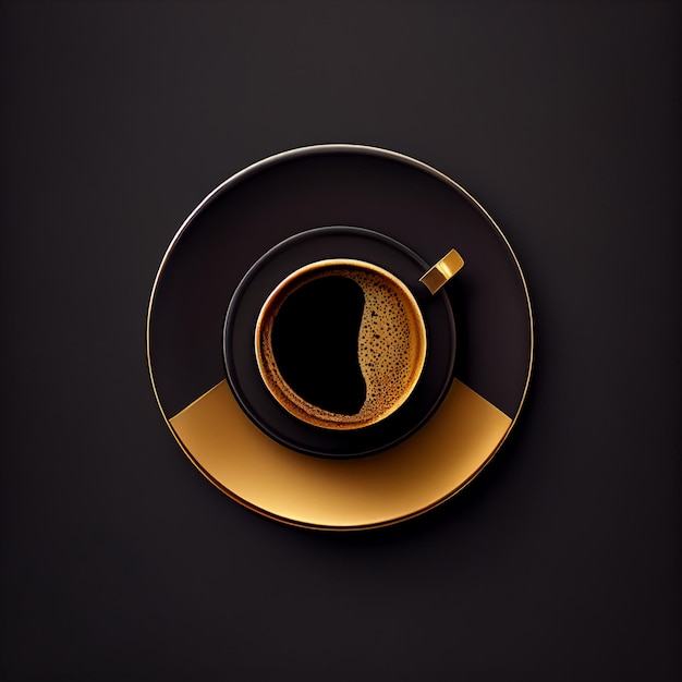 Kopje koffie op goud zwarte achtergrond bovenaanzicht
