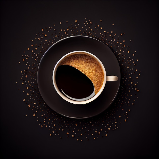 Kopje koffie op goud zwarte achtergrond bovenaanzicht