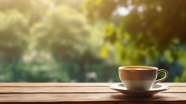 Kopje koffie op houten tafel met wazige boomachtergrond in de stijl van rokerige achtergrond Generatieve AI