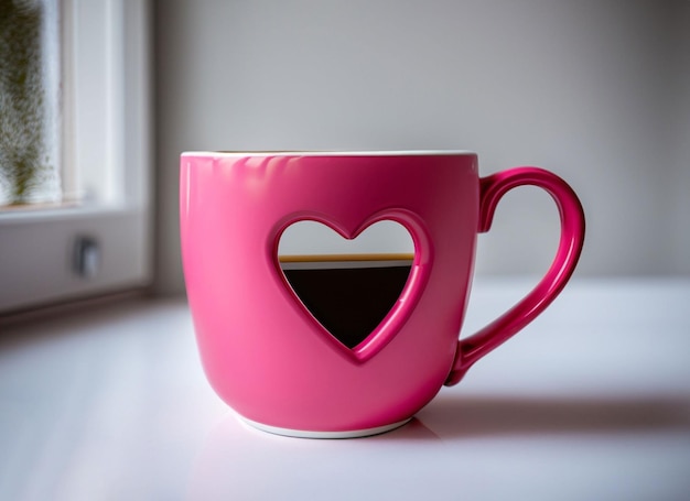 Kopje koffie op roze achtergrond met blij glimlachgezicht op mok