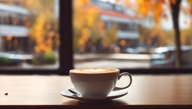 Kopje koffie op tafel in café met bovenaan wazig venster herfst achtergrond Ai gegenereerd