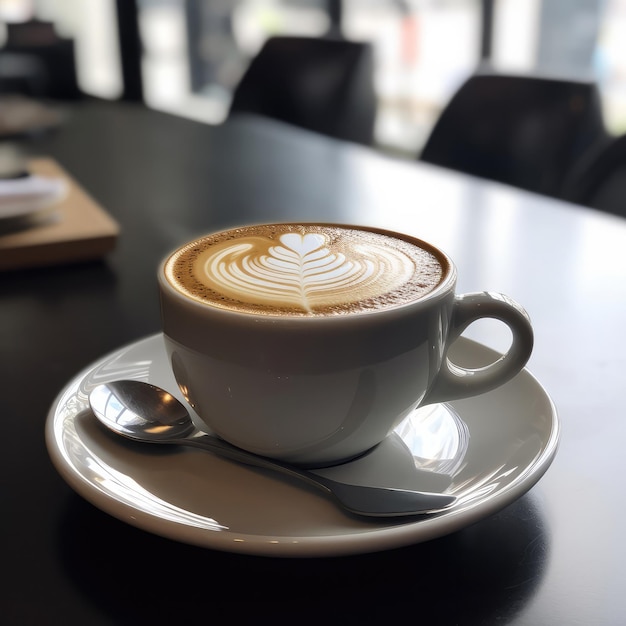 Kopje koffie op tafel met de achtergrond van een restaurant en mooie lichten