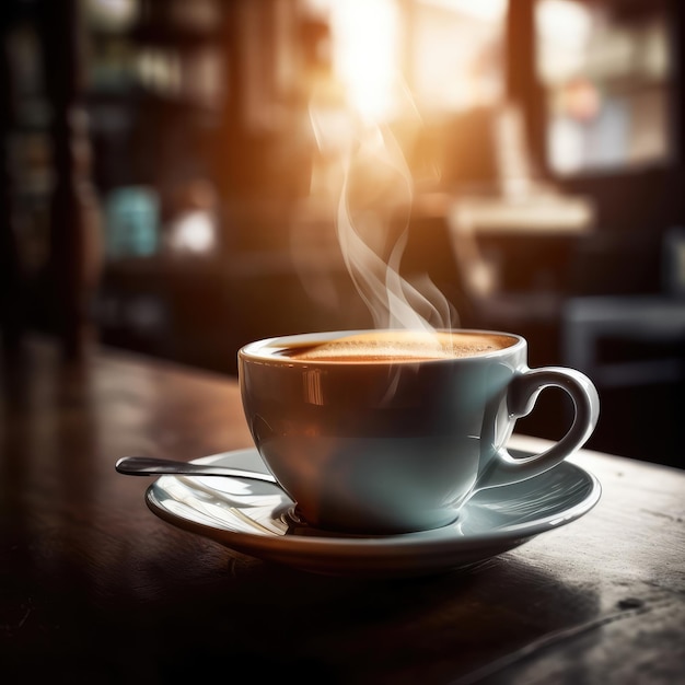 Kopje koffie op tafel met de achtergrond van een restaurant en mooie lichten