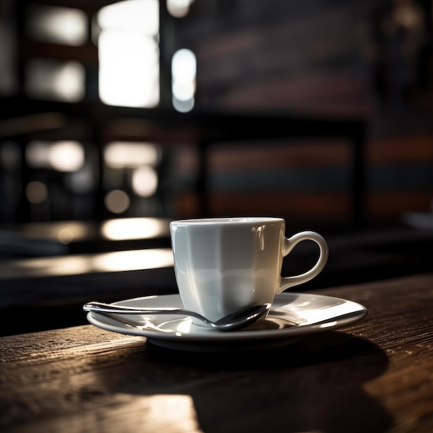 Kopje koffie op tafel met de achtergrond van een restaurant en mooie lichten