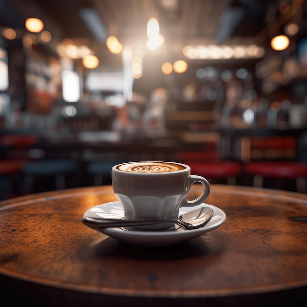 Kopje koffie op tafel met de achtergrond van een restaurant en mooie lichten