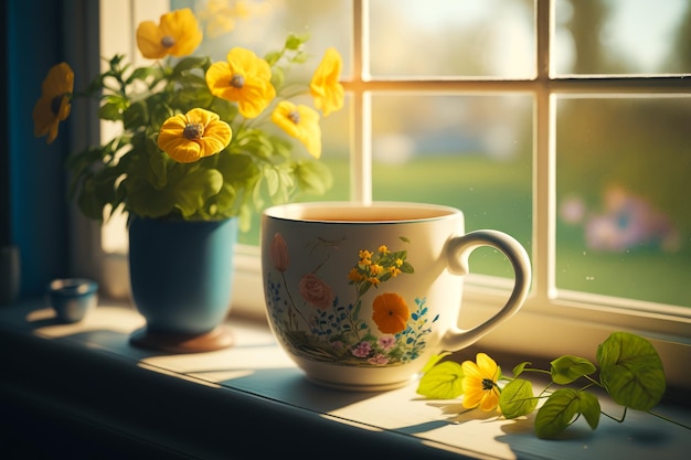 Kopje koffie staat op de vensterbank naast enkele gele bloemen Generatieve AI