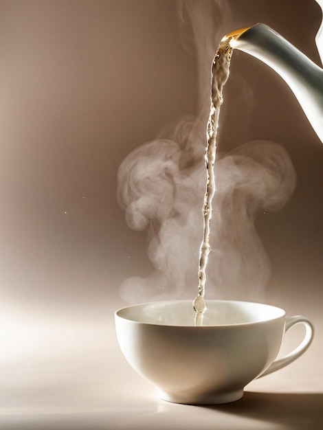 Kopje thee met stoom op bruine achtergrond Proces brouwen thee Concept van theepauze