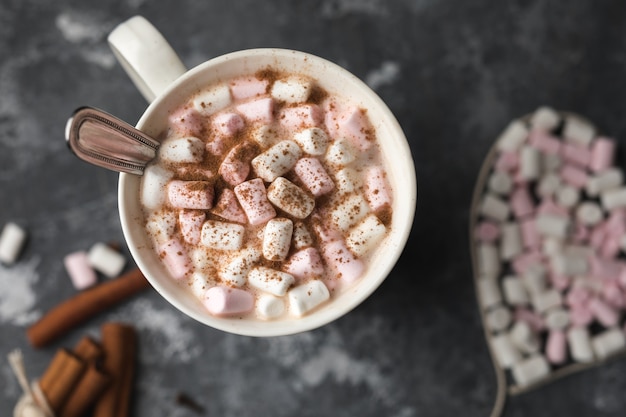 kopje warme chocolademelk met kaneelstokjes en marshmallow