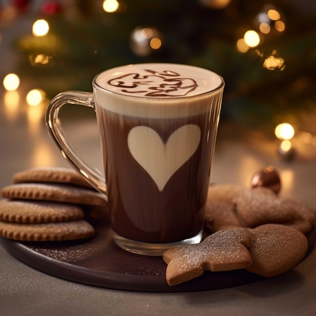 Kopje warme chocolademelk met koekjes en kerstboom op de achtergrond