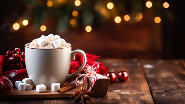 kopje warme chocolademelk met marshmallows op een houten tafel met kerstkruiden