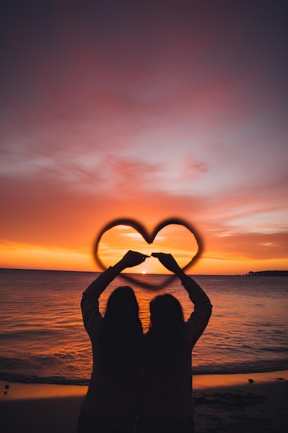 koppel handen maken hart vorm op het strand tijdens zonsondergang in de stijl van documentaire reis foto