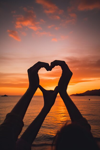 Foto koppel handen maken hart vorm op het strand tijdens zonsondergang in de stijl van documentaire reis foto